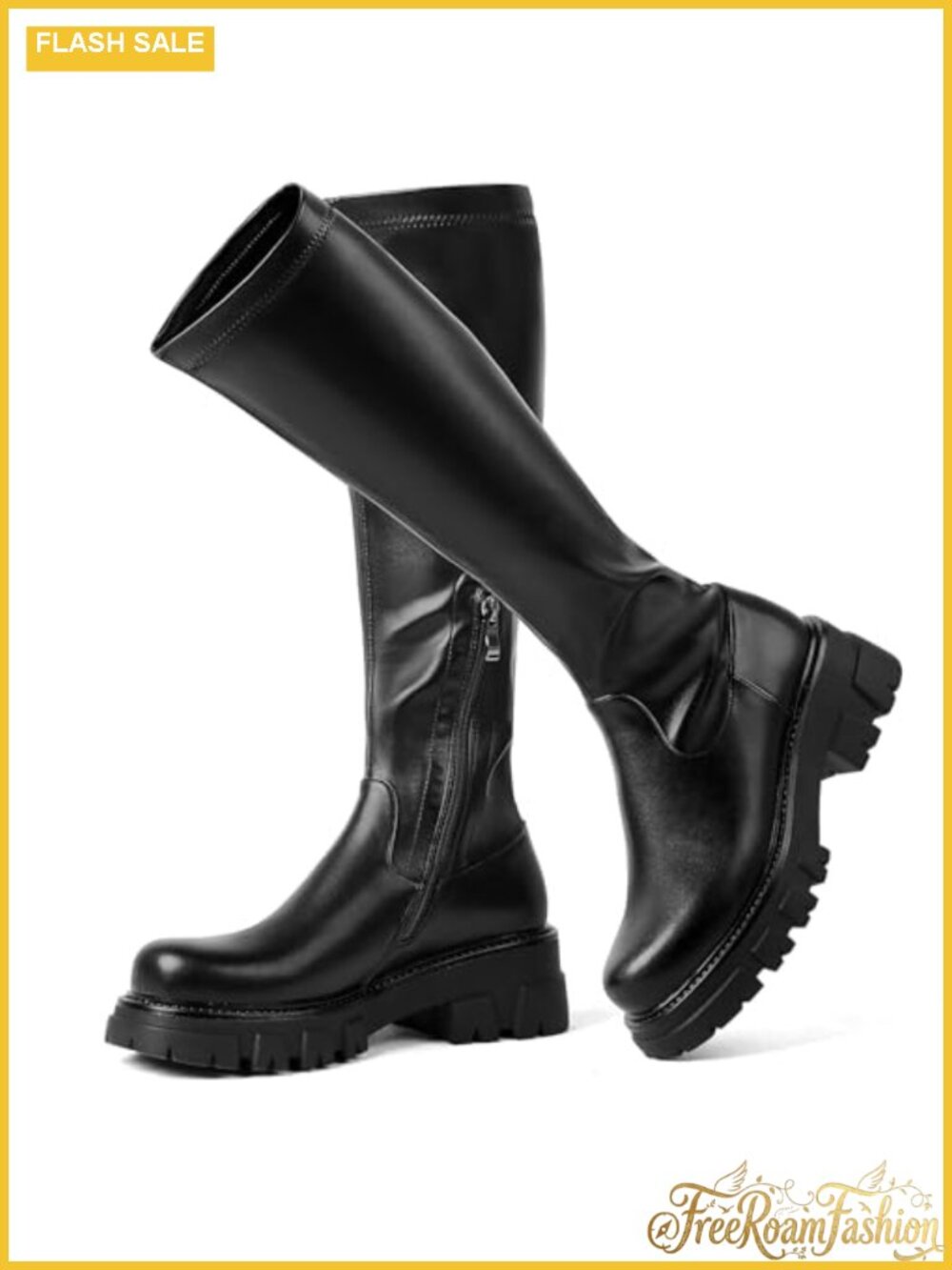 Women's Platform Knee High Boots Stretch Faux Leather Chunky Block Heel